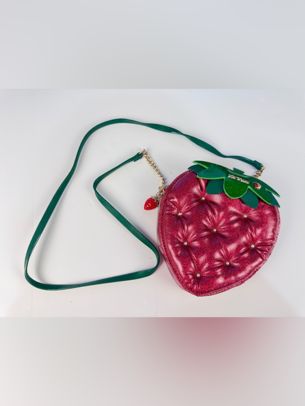 Betsey Johnson Strawberry Crossbody Kitsch Bag Purse Glittery Ladybug Pearls Euc